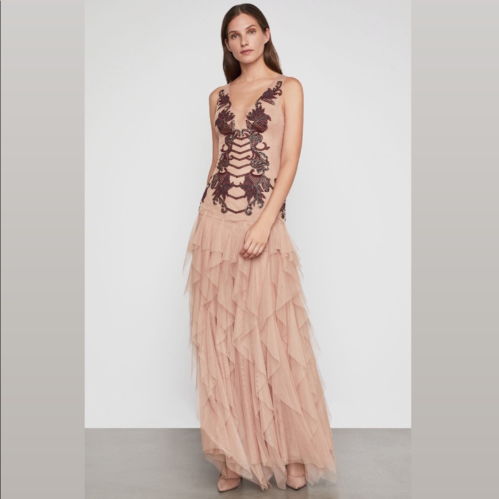 BCBGMAXAZRIA Floral Embroidered Sequin Tulle Gown Maxi Dress New w/Tag - Picture 3 of 5